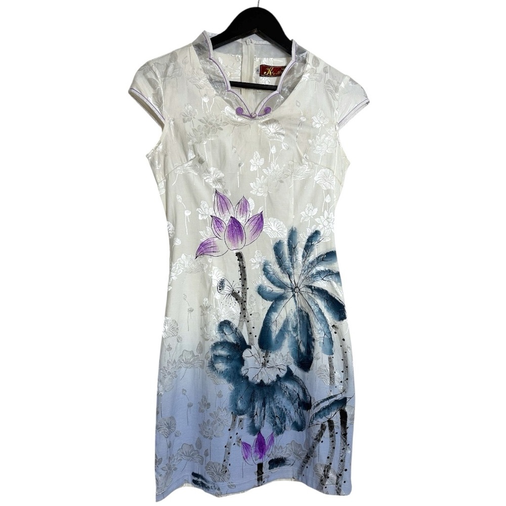 K.K. Keeling White & Purple Floral Lotus Print Qipao Cheongsam Dress Size Medium